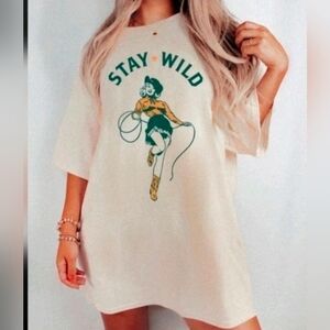 Free People Colb Vintage Stay Wild Cow Girl Tee Ivory Medium NIP$78